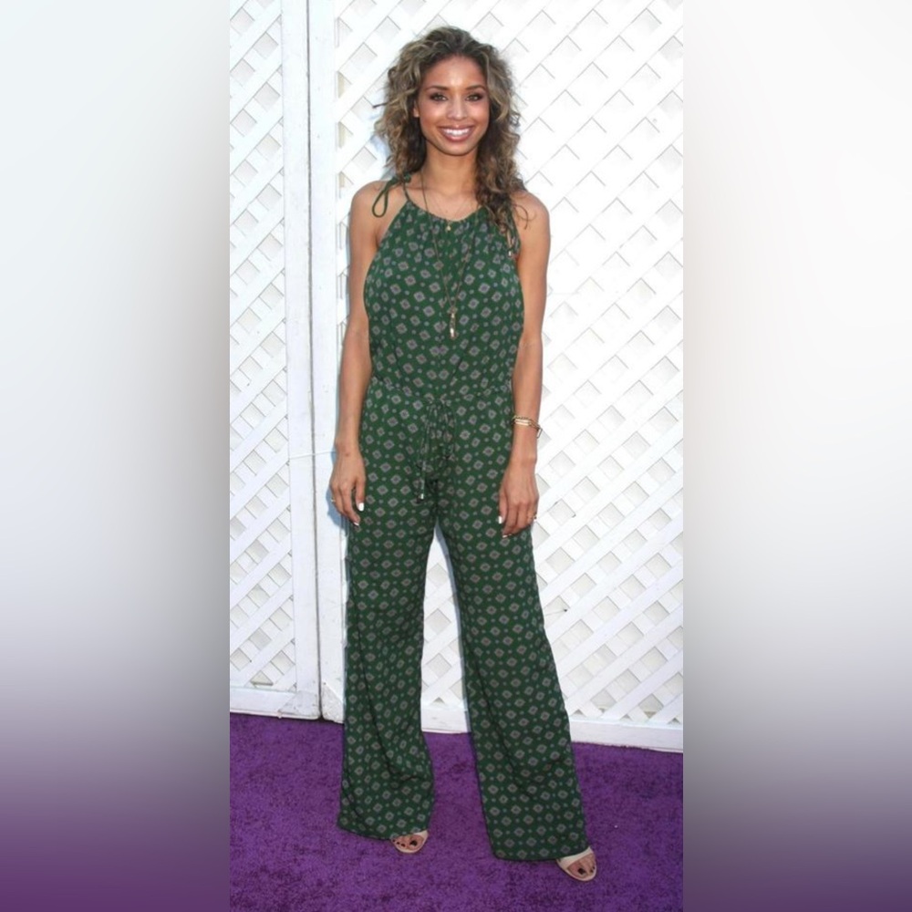 Bohemian Style Emerald green patterned wide-leg tie shoulder strap jumpsuit